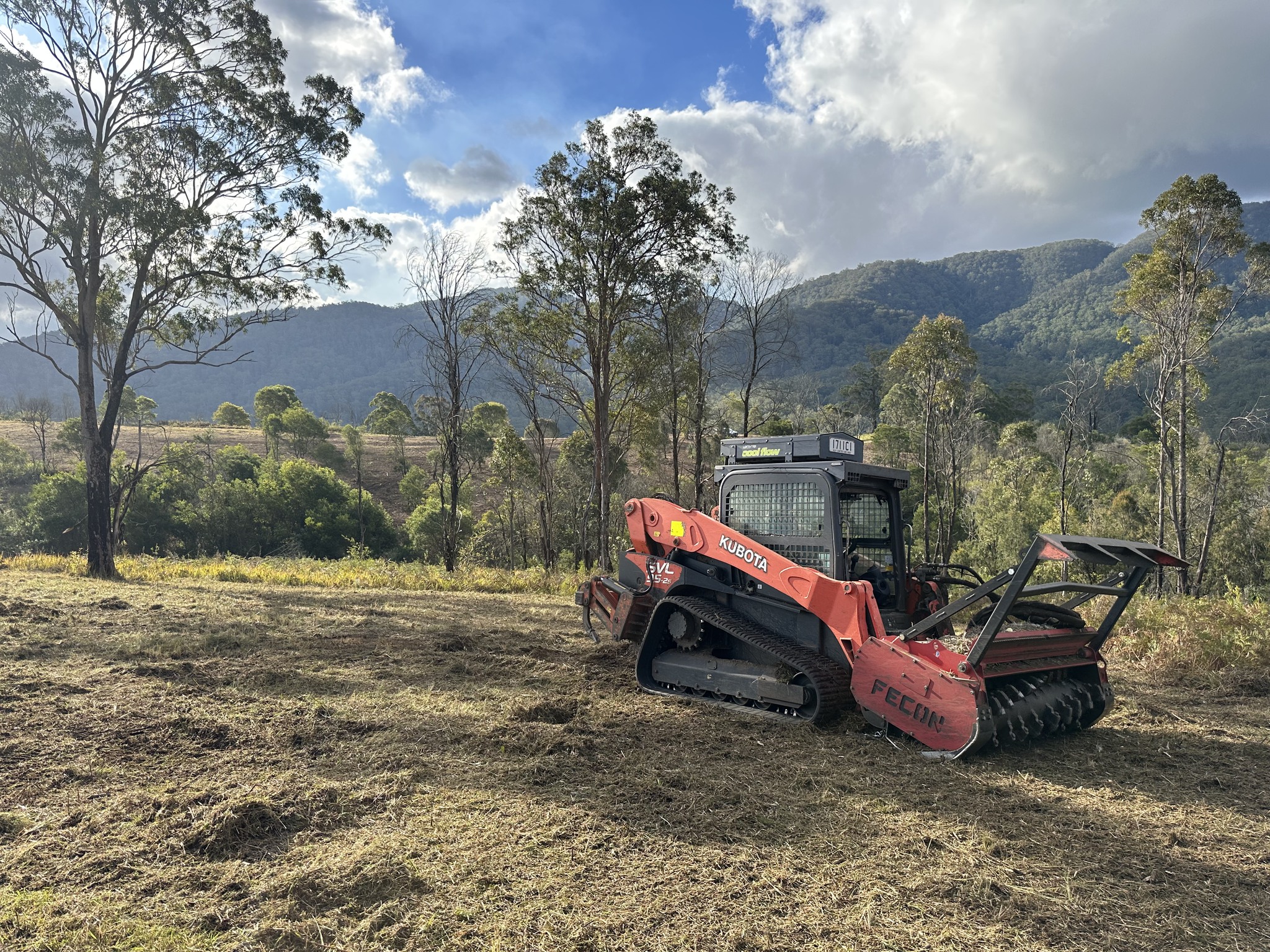 Gold Class Land Management's red Kubota SVL track loader fitted with a Fecon forestry mulcher head, freshly mulched ground in the foreground, eucalypt fringe and Gold Coast hinterland mountain ridges behind